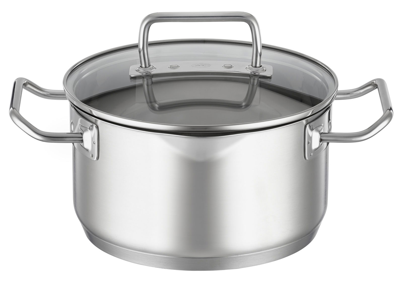 Edelstahlkochtopf mit Glasdeckel und zwei Griffen, seitliche Perspektive