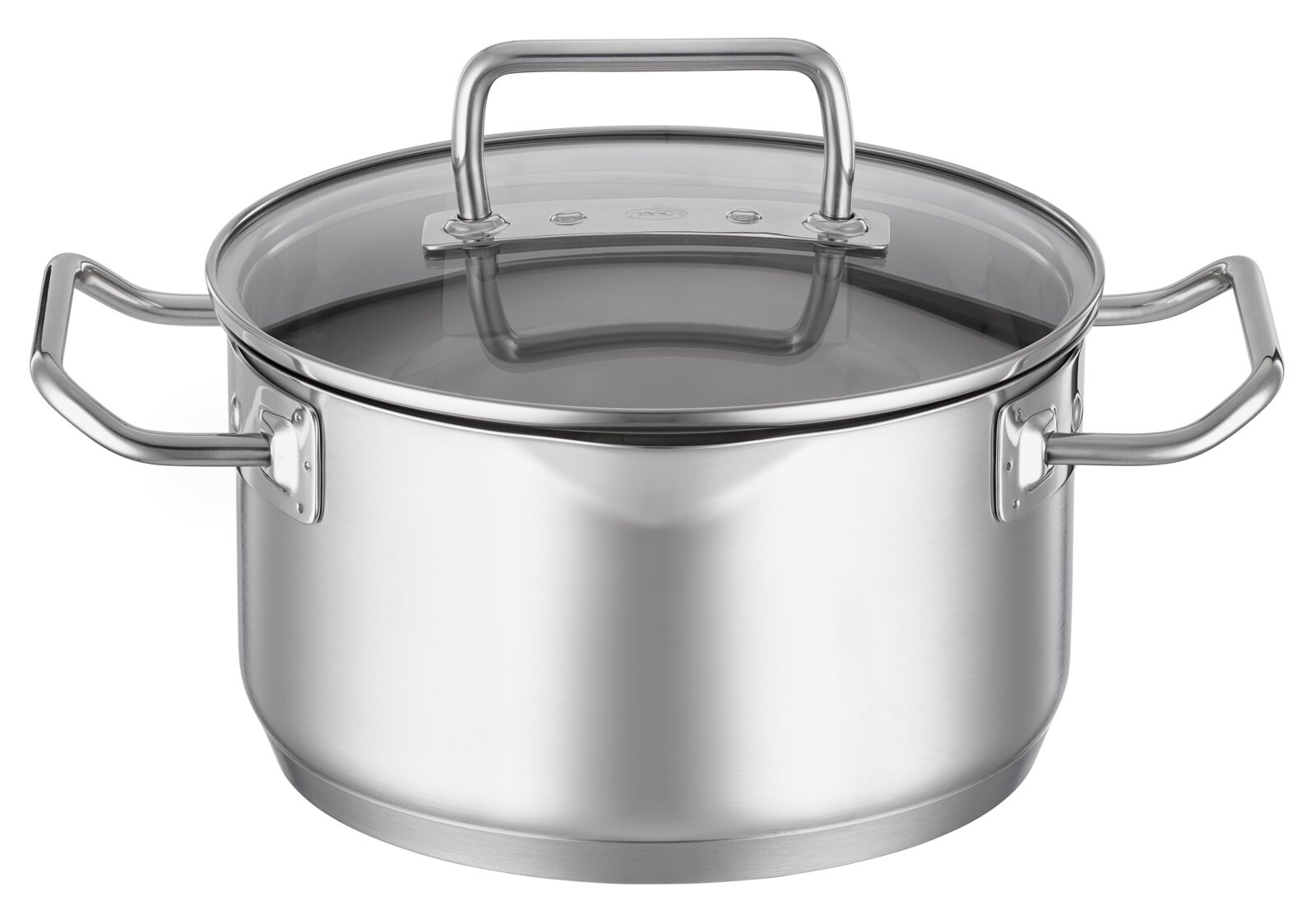 Edelstahlkochtopf mit Glasdeckel und zwei Griffen, seitliche Perspektive