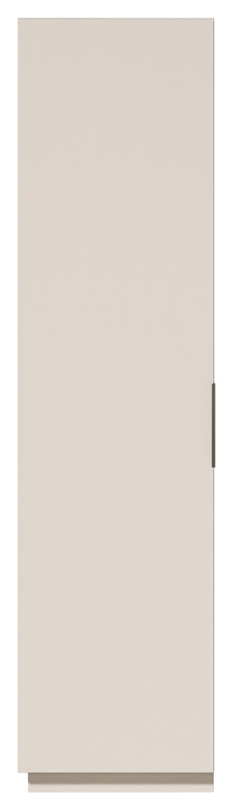 Hoher, schmaler Badezimmerschrank in Hellbeige mit glatter Front und seitlichem Griff, freigestellt vor weißem Hintergrund, Frontansicht.