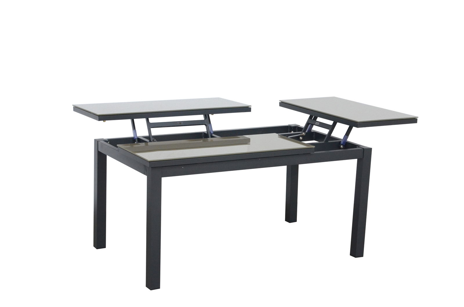 Moderner Loungetisch mit zwei anhebbaren Tischplatten, seitliche Perspektive