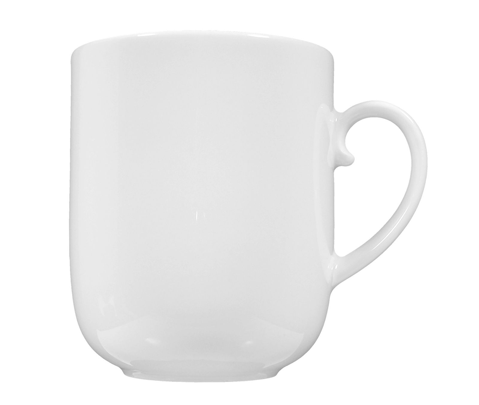 Weißer Becher mit Henkel, seitliche Ansicht