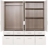 Offener 4-türiger Drehtürenschrank mit Schubladen und Regalböden, Frontalansicht