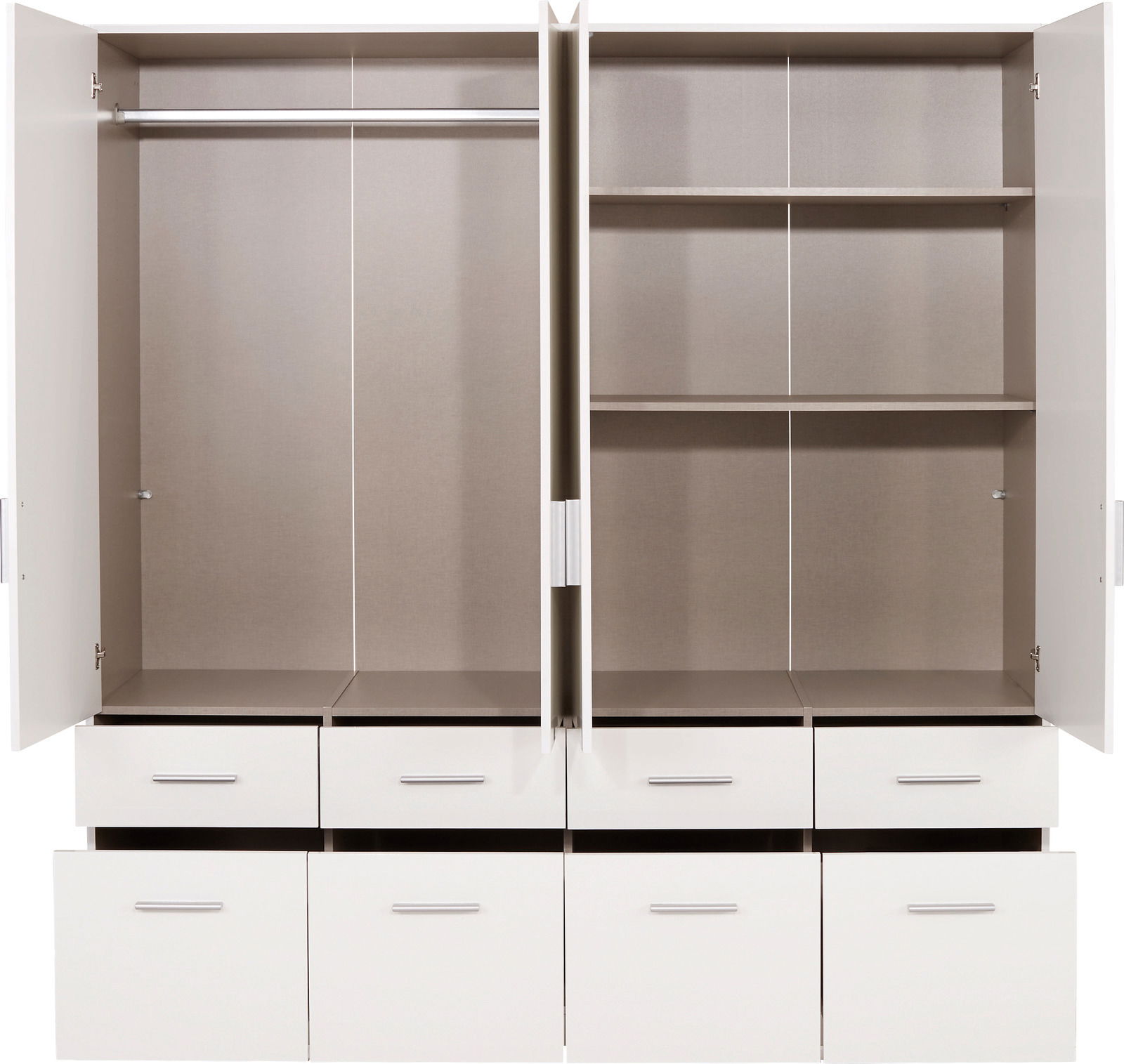 Offener 4-türiger Drehtürenschrank mit Schubladen und Regalböden, Frontalansicht