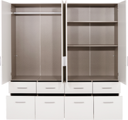 Offener 4-türiger Drehtürenschrank mit Schubladen und Regalböden, Frontalansicht