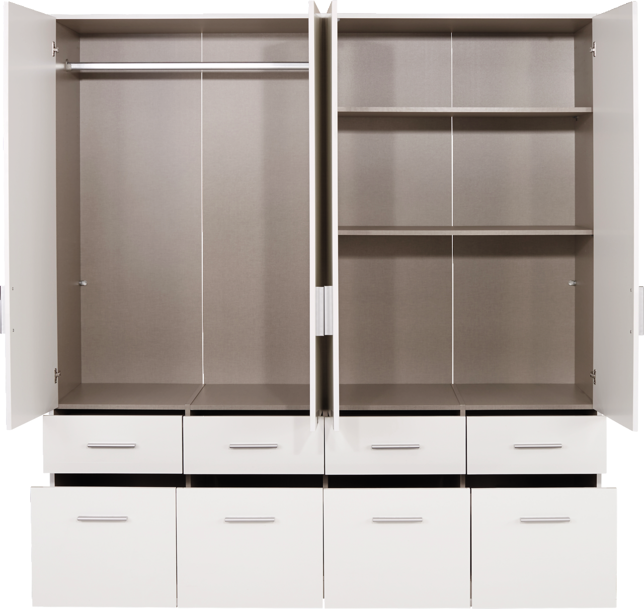 Offener 4-türiger Drehtürenschrank mit Schubladen und Regalböden, Frontalansicht