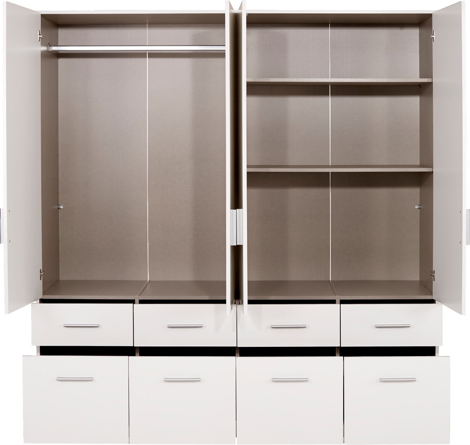 Offener 4-türiger Drehtürenschrank mit Schubladen und Regalböden, Frontalansicht
