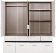 Offener 4-türiger Drehtürenschrank mit Schubladen und Regalböden, Frontalansicht