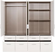 Offener 4-türiger Drehtürenschrank mit Schubladen und Regalböden, Frontalansicht