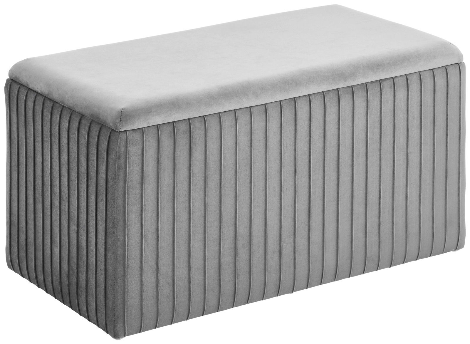 Graue Hockerbank mit gestepptem Design, seitliche Perspektive