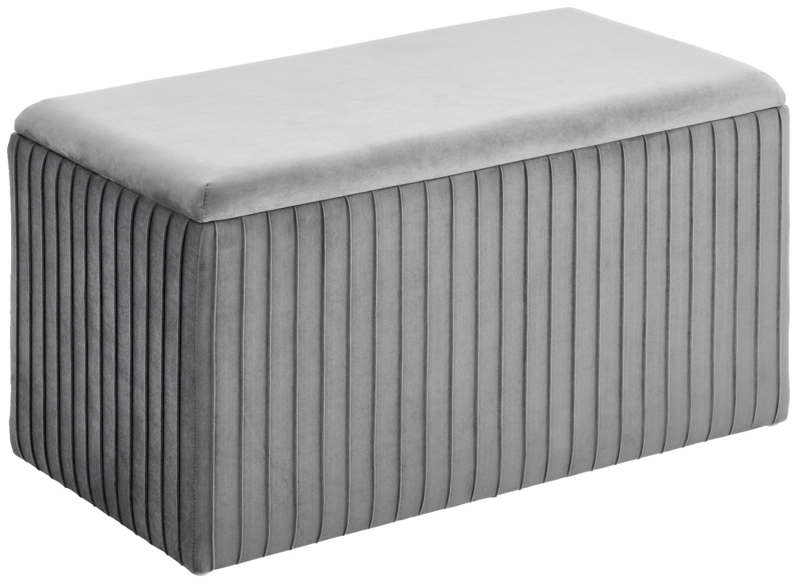 Graue Hockerbank mit gestepptem Design, seitliche Perspektive