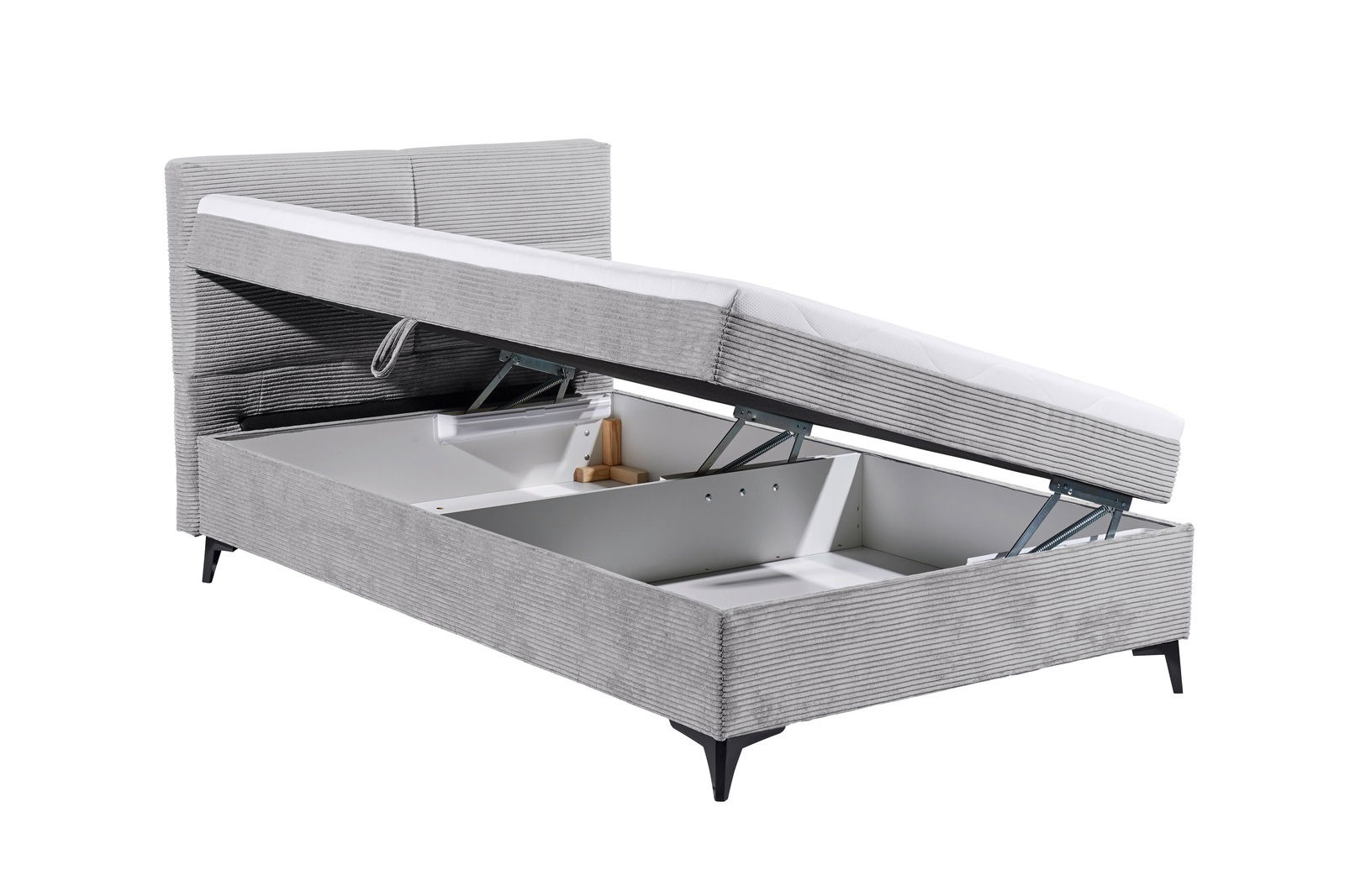 Graues Boxbett mit Stauraum, seitlich geöffnet, zeigt Innenraum und Hebemechanismus.