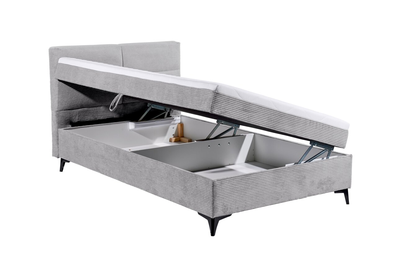 Graues Boxbett mit Stauraum, seitlich geöffnet, zeigt Innenraum und Hebemechanismus.