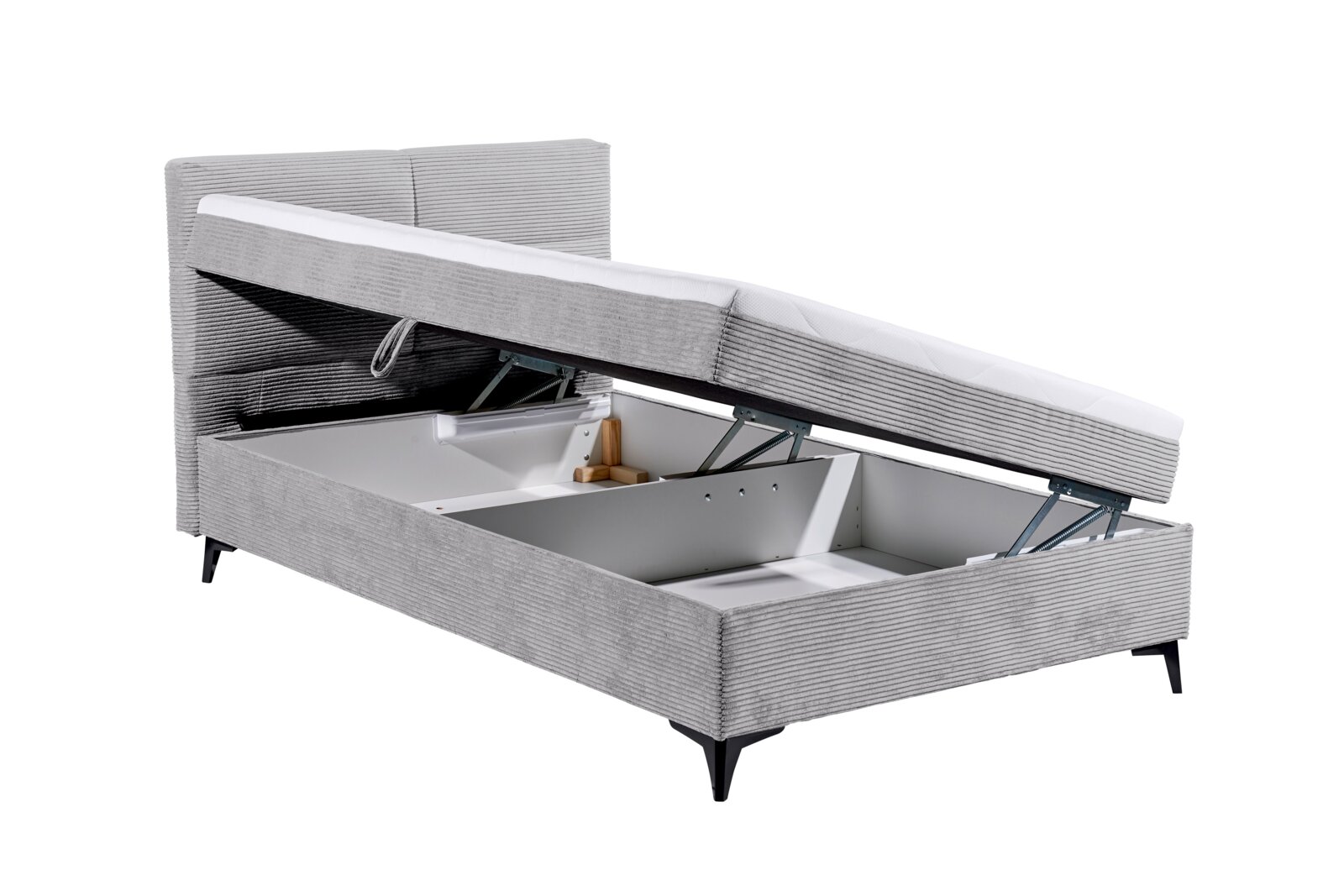 Graues Boxbett mit Stauraum, seitlich geöffnet, zeigt Innenraum und Hebemechanismus.