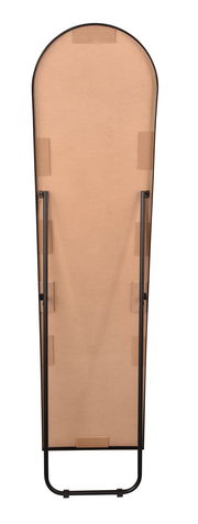 Rückansicht eines Standspiegels mit schwarzem Rahmen und Stützbeinen, Perspektive von hinten.