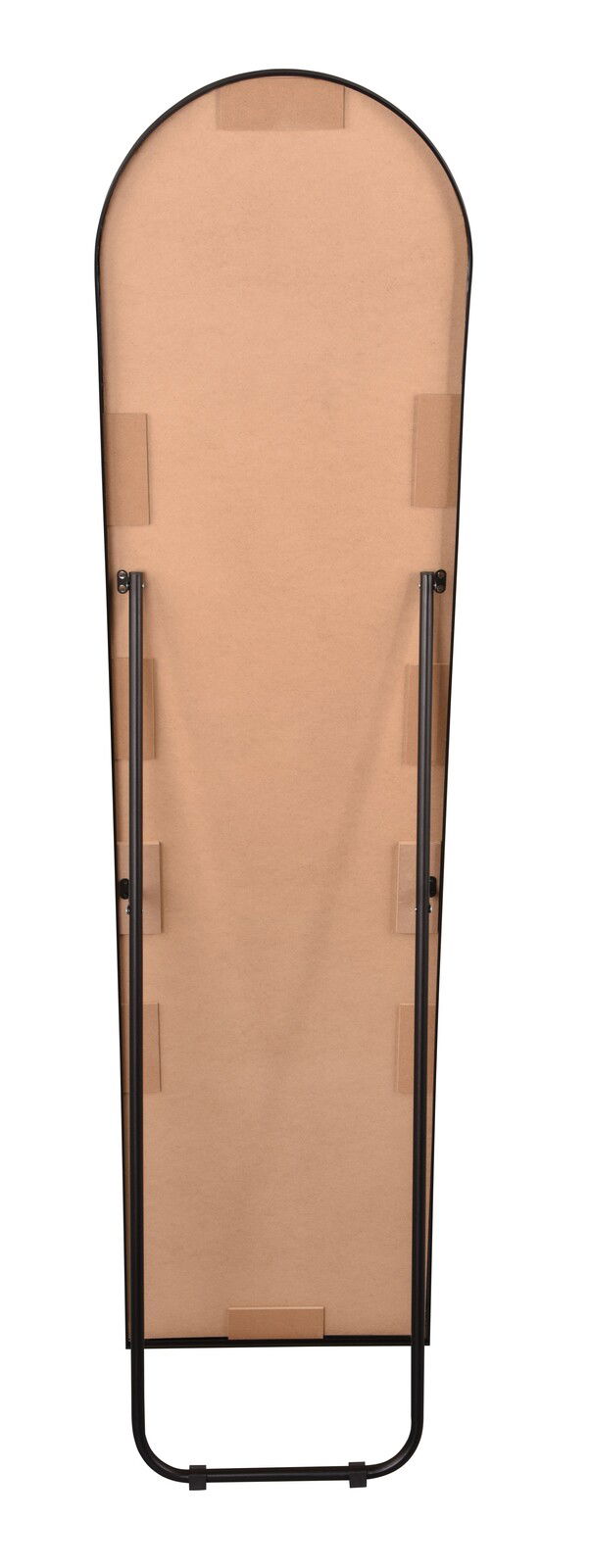 Rückansicht eines Standspiegels mit schwarzem Rahmen und Stützbeinen, Perspektive von hinten.