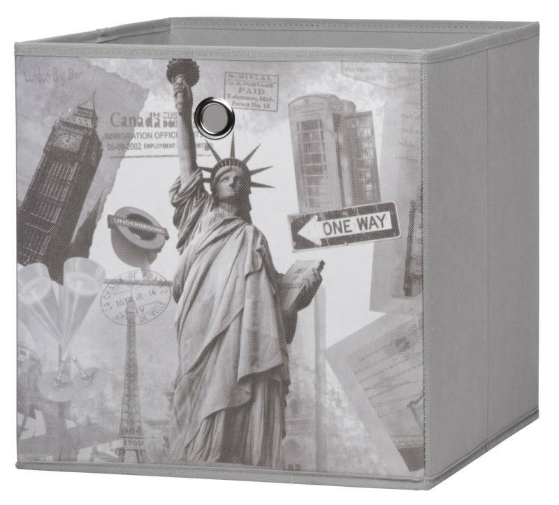 Graue Stoffbox mit Aufdruck der Freiheitsstatue, Big Ben und anderen ikonischen Symbolen aus verschiedenen Städten, perspektivisch von vorne rechts.