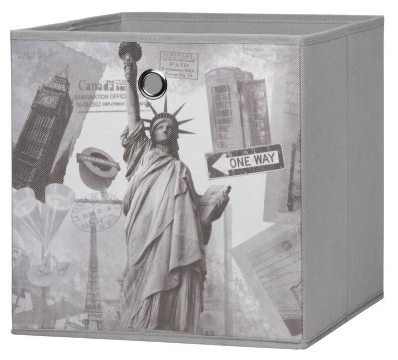 Graue Stoffbox mit Aufdruck der Freiheitsstatue, Big Ben und anderen ikonischen Symbolen aus verschiedenen Städten, perspektivisch von vorne rechts.