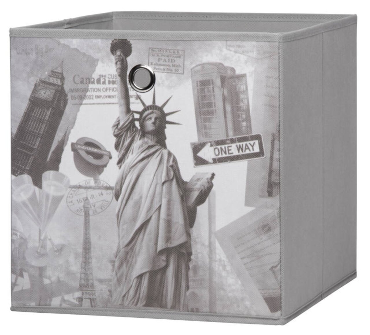 Graue Stoffbox mit Aufdruck der Freiheitsstatue, Big Ben und anderen ikonischen Symbolen aus verschiedenen Städten, perspektivisch von vorne rechts.