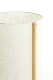 Close-up van een tafellamp met een cilindervormige, witte stoffen kap en een verticaal houten element.