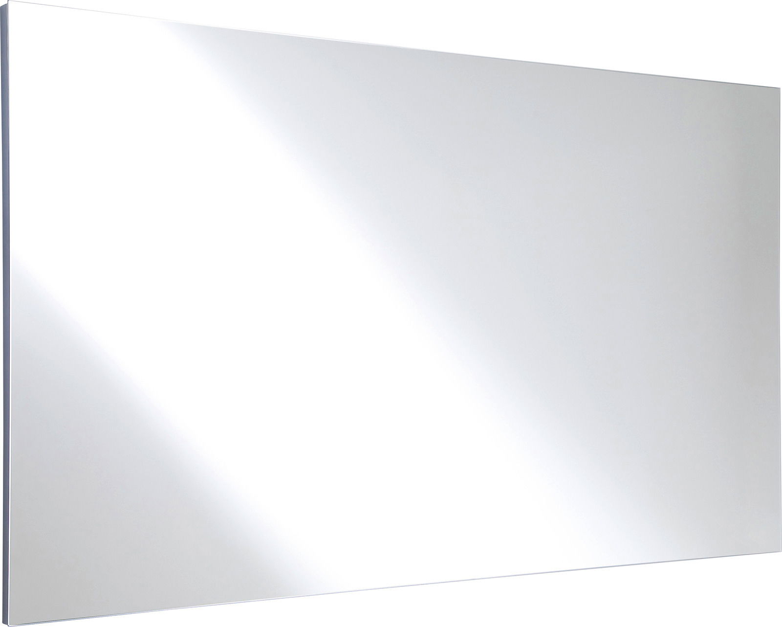 Rechteckiger Wandspiegel in schräger Perspektive, zeigt eine glatte, reflektierende Oberfläche.