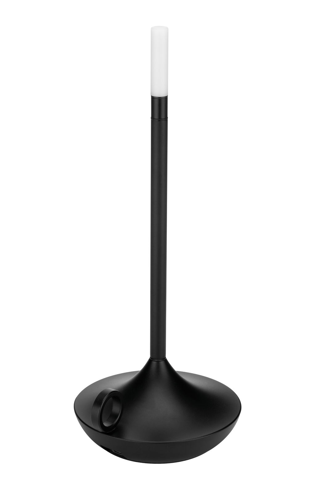 Moderne schwarze Akku-Tischleuchte mit schlankem Design, seitliche Perspektive