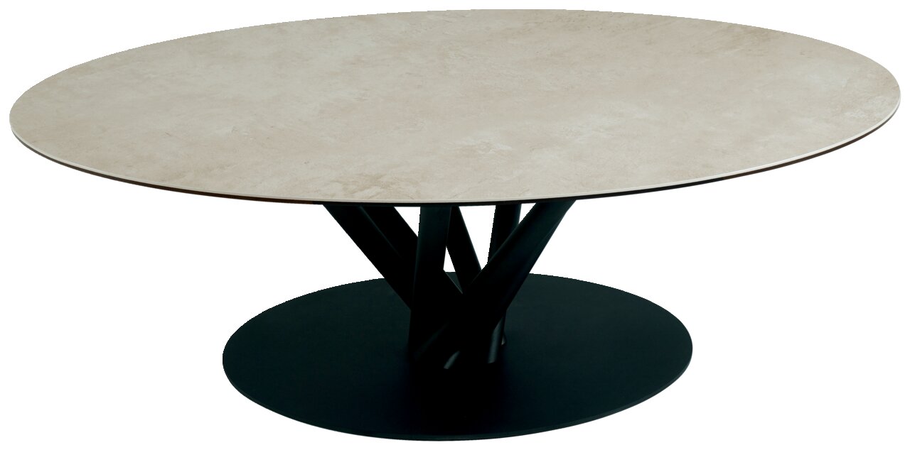 Ronde salontafel met lichtgekleurd tafelblad en een zwart, modern onderstel, gezien vanaf de zijkant