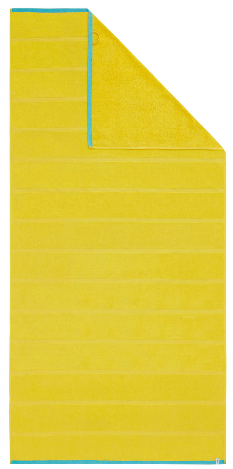 Gelbes Strandtuch mit blauer Umrandung, flach ausgebreitet.