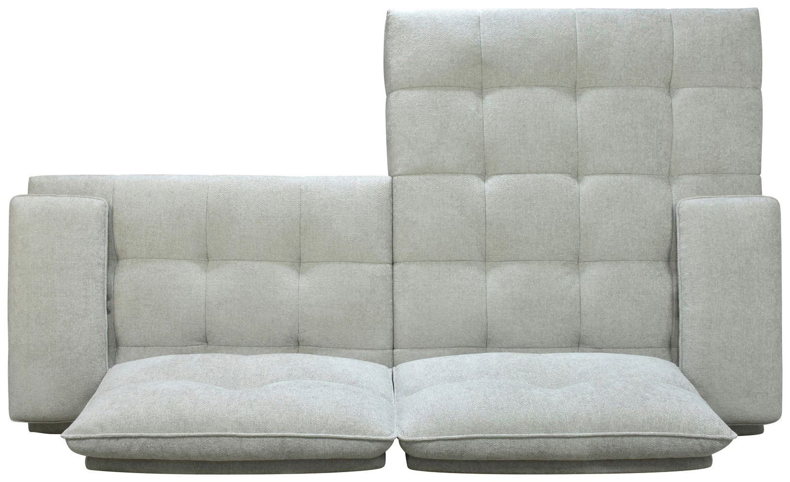 Frontale Ansicht einer grauen Longchairkombination mit gepolsterten Kissen und modernem Design.