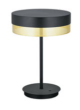 Moderne LED-Tischleuchte MESH in Schwarz mit goldfarbenem, perforiertem Schirm, seitliche Perspektive