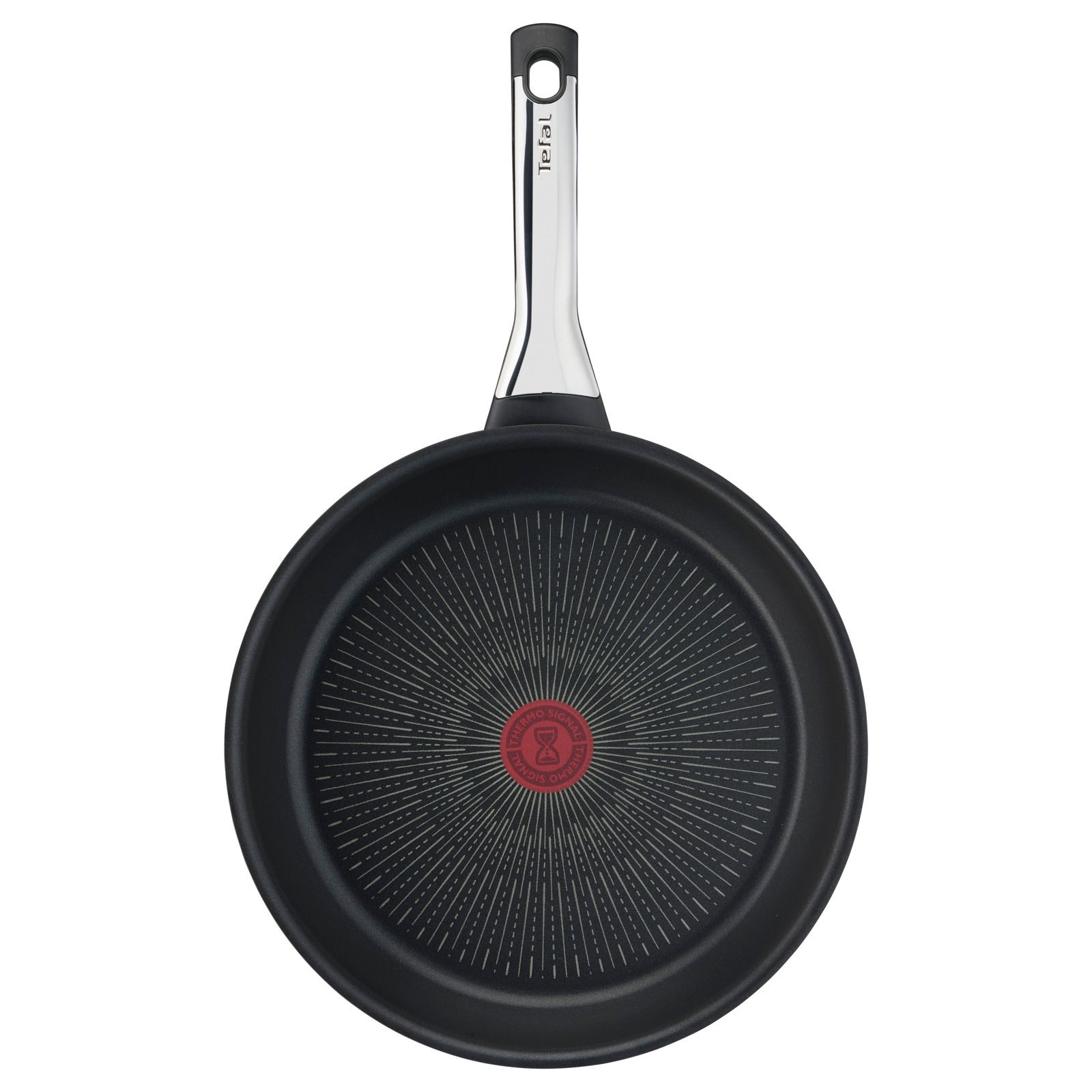 Tefal Bratpfanne Excellence Bratpfanne Excellence 28cm von oben mit schwarzer Antihaftbeschichtung und rotem Thermo-Spot in der Mitte.