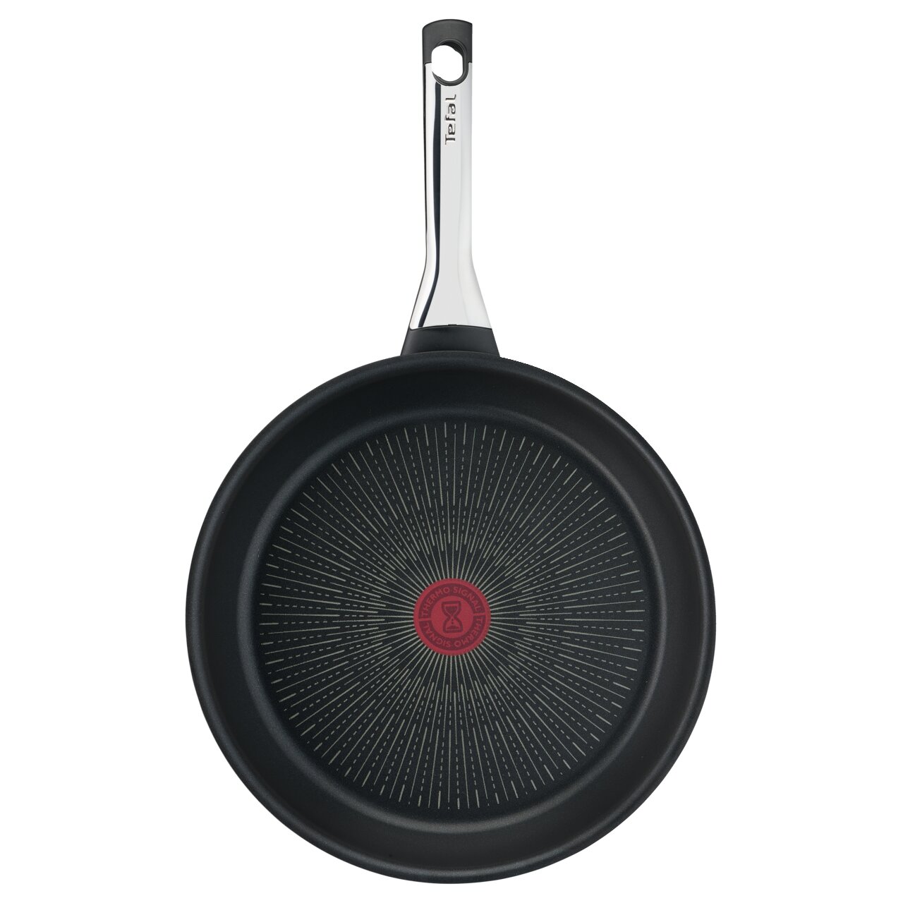 Bratpfanne Excellence 28cm von oben mit schwarzer Antihaftbeschichtung und rotem Thermo-Spot in der Mitte.