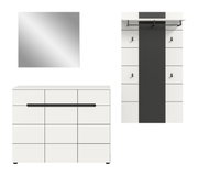 Modernes weißes Flurmöbel-Set mit Kommode und langem schwarzem Griff, Wandspiegel sowie Garderobenpaneel mit Ablage und Haken; Darstellung in Frontansicht.