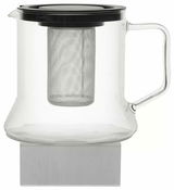 Glas-Teekanne mit Edelstahlfilter und schwarzem Deckel, seitliche Ansicht