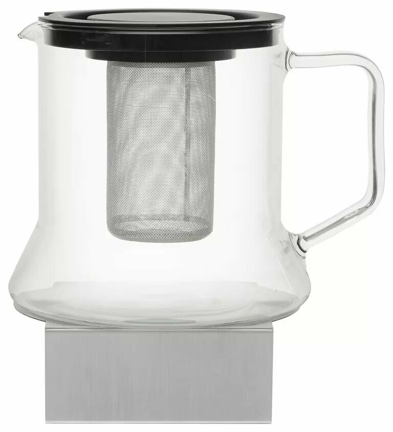 Glas-Teekanne mit Edelstahlfilter und schwarzem Deckel, seitliche Ansicht