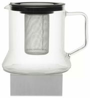 Glas-Teekanne mit Edelstahlfilter und schwarzem Deckel, seitliche Ansicht