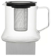 Glas-Teekanne mit Edelstahlfilter und schwarzem Deckel, seitliche Ansicht