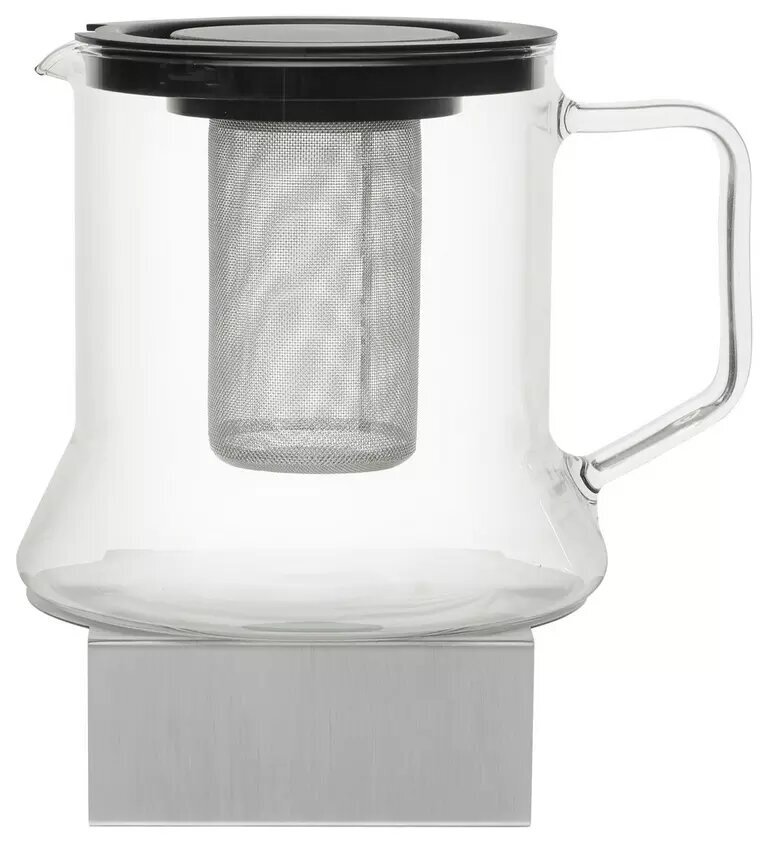 Glas-Teekanne mit Edelstahlfilter und schwarzem Deckel, seitliche Ansicht