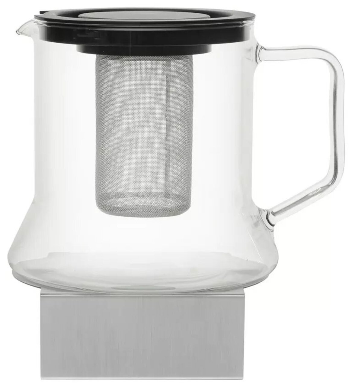 Glas-Teekanne mit Edelstahlfilter und schwarzem Deckel, seitliche Ansicht
