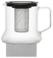 Glas-Teekanne mit Edelstahlfilter und schwarzem Deckel, seitliche Ansicht