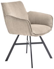 Beiger Armlehnstuhl mit geripptem Stoffbezug und schwarzen Metallbeinen, seitliche Perspektive