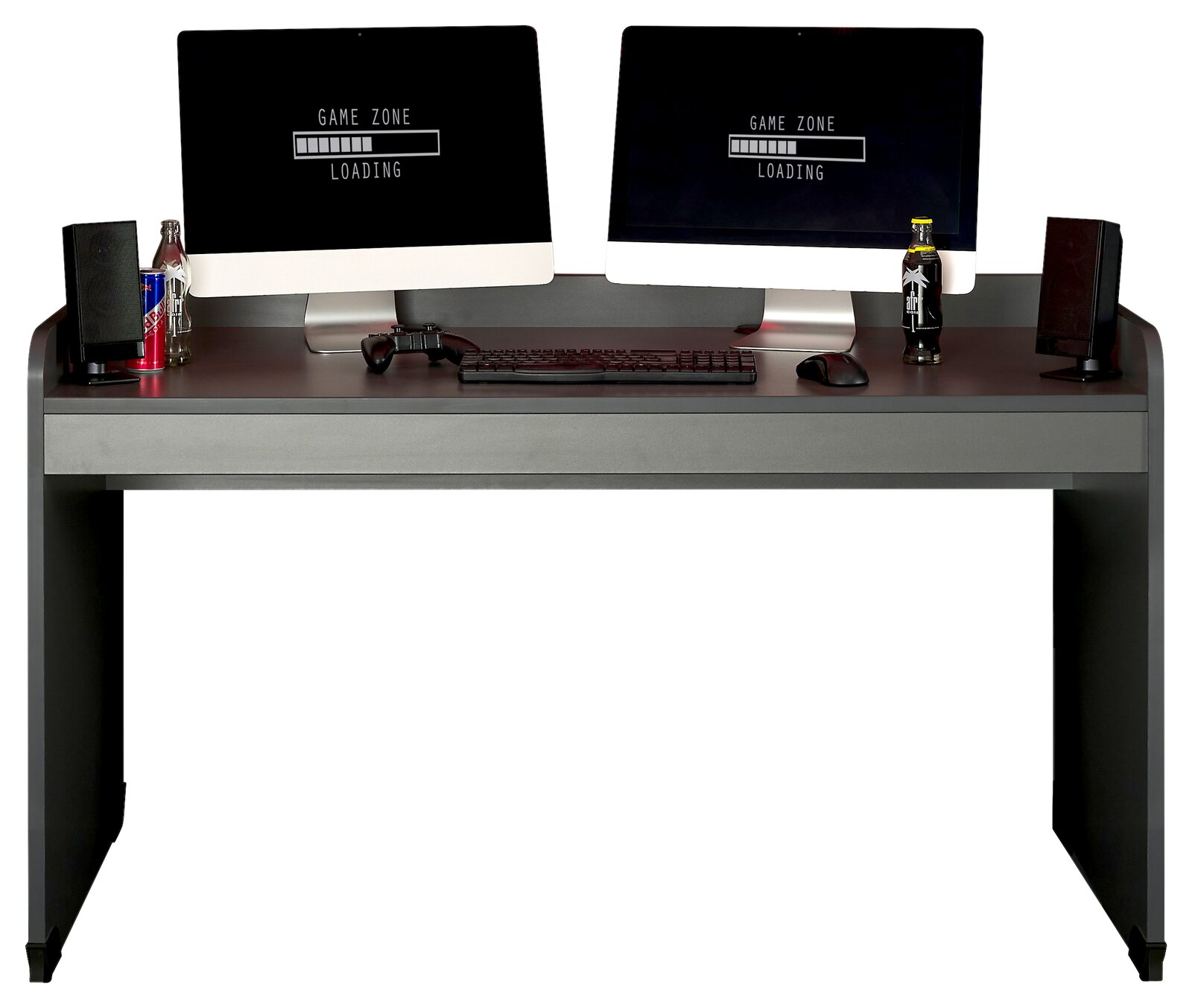 Moderner Schreibtisch mit zwei Monitoren, Tastatur und Maus, ideal für Gaming, aus frontaler Perspektive.