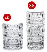 Zwei Sets von Trinkgläsern mit Ethno-Muster, jeweils sechs kleine und sechs große Gläser, aus der Seitenperspektive fotografiert.