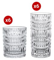 Zwei Sets von Trinkgläsern mit Ethno-Muster, jeweils sechs kleine und sechs große Gläser, aus der Seitenperspektive fotografiert.