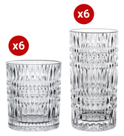 Zwei Sets von Trinkgläsern mit Ethno-Muster, jeweils sechs kleine und sechs große Gläser, aus der Seitenperspektive fotografiert.