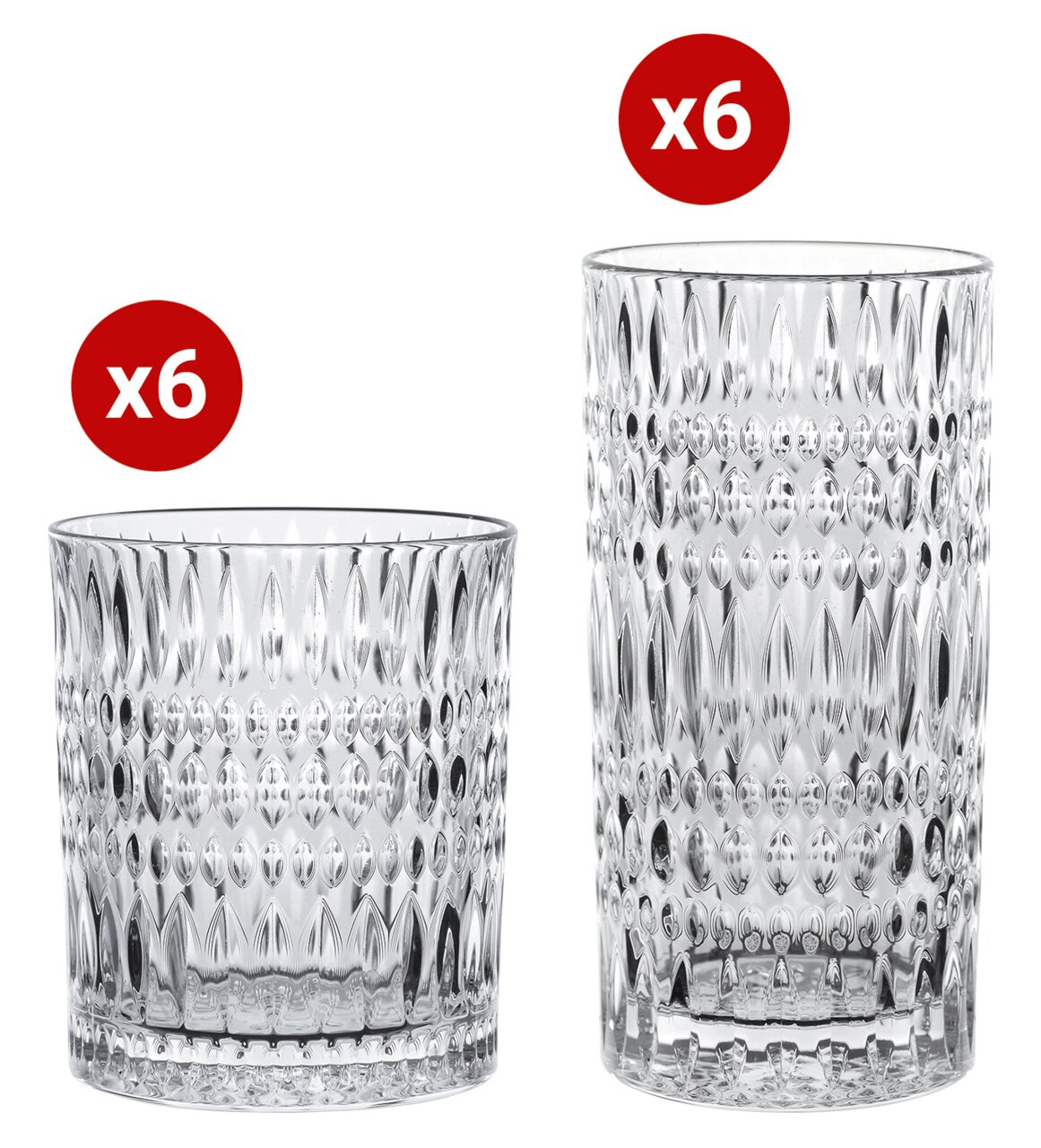Twee sets drinkglazen met etnisch patroon, elk bestaande uit zes kleine en zes grote glazen, gefotografeerd vanuit een zijaanzicht.