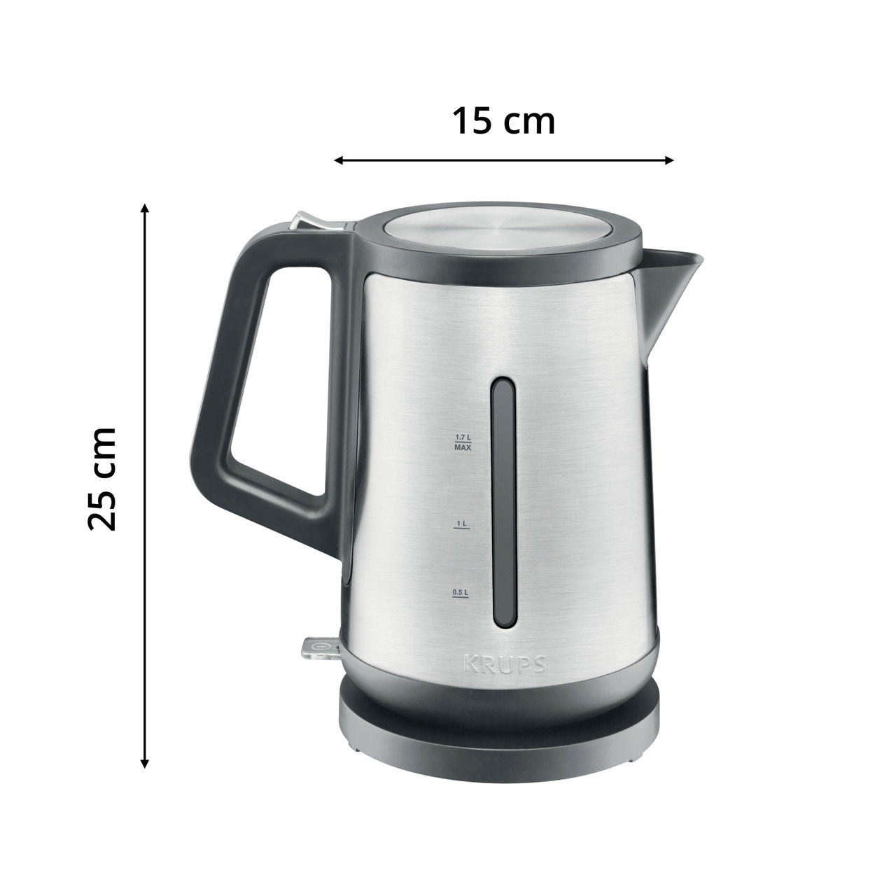 Moderner Wasserkocher aus Edelstahl mit schwarzem Griff, seitliche Ansicht, 1,7 Liter Kapazität, 25 cm hoch und 15 cm breit.