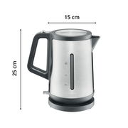 Moderner Wasserkocher aus Edelstahl mit schwarzem Griff, seitliche Ansicht, 1,7 Liter Kapazität, 25 cm hoch und 15 cm breit.