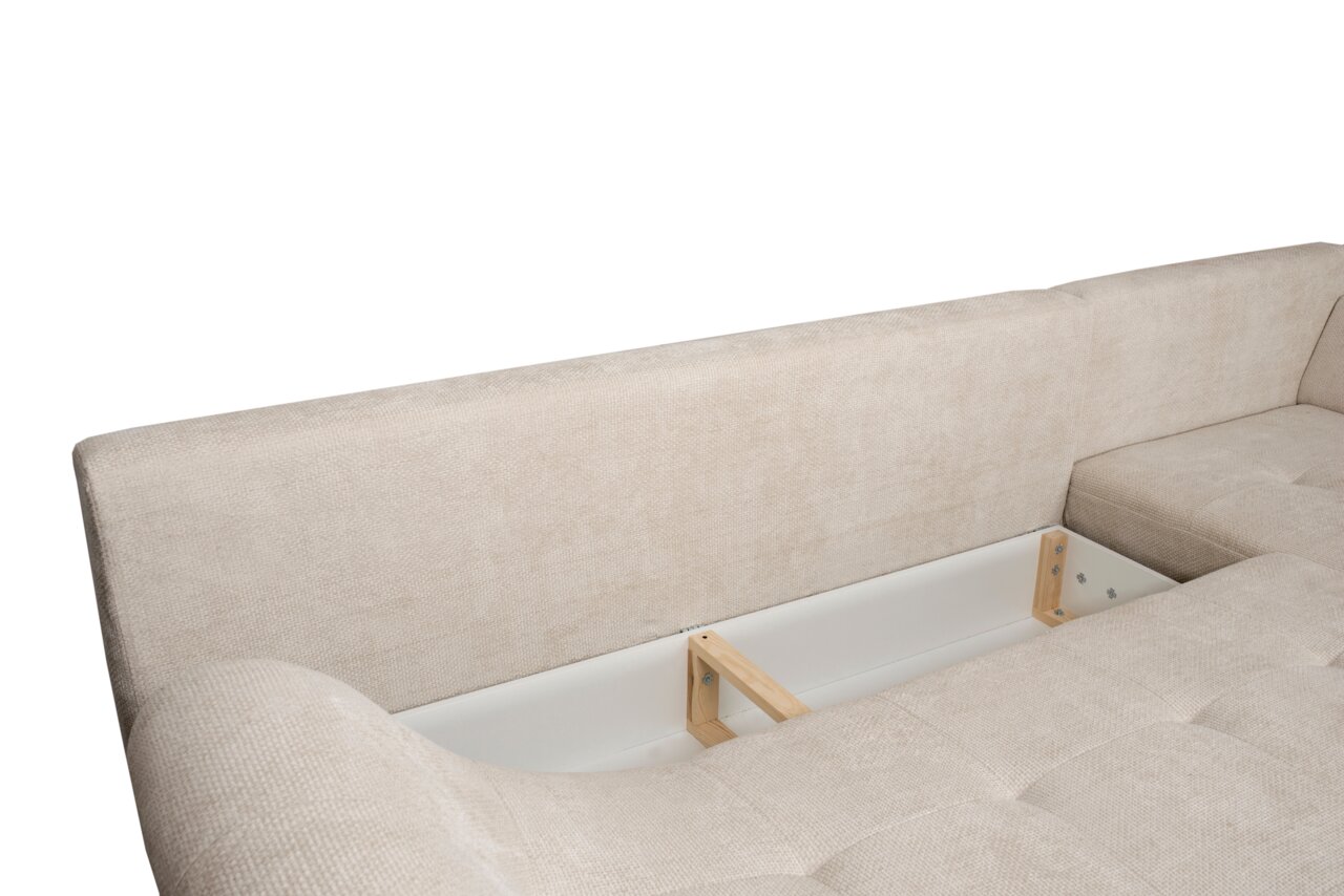 Beige Ecksofa METZ mit Stauraum, Perspektive von oben auf die Rückenlehne und Sitzfläche.
