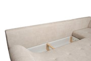 Beige Ecksofa METZ mit Stauraum, Perspektive von oben auf die Rückenlehne und Sitzfläche.