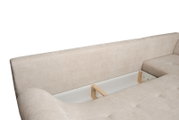 Beige Ecksofa METZ mit Stauraum, Perspektive von oben auf die Rückenlehne und Sitzfläche.